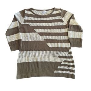New York & Co Sweater Womens Size M 3/4 Sleeve Knit Pullover Green Striped